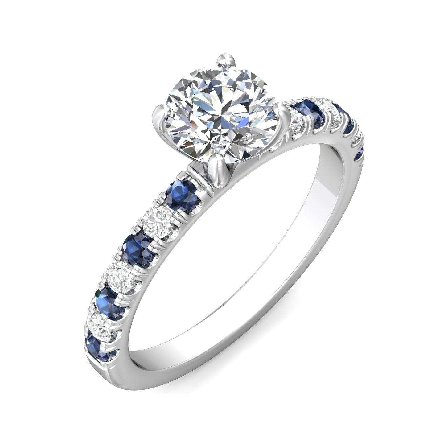 Round Cut 4 Claw Setting Diamond Sapphire Engagement Ring Pave Setting Side Stones -18K White - DG & Co. Jewellery