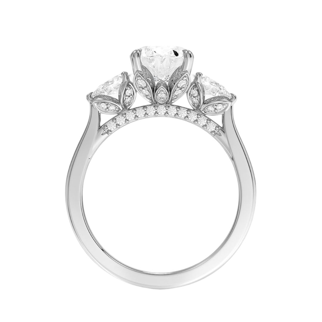 Flora Three Stones Oval Cut Pear sides Hidden Halo Diamond Engagement Ring - 18K White