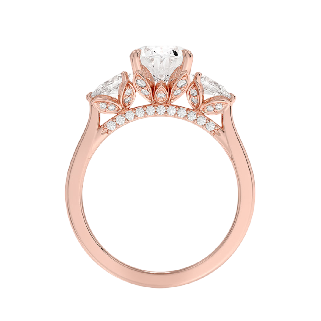 Flora Three Stones Oval Cut Pear sides Hidden Halo Diamond Engagement Ring - 18K Rose