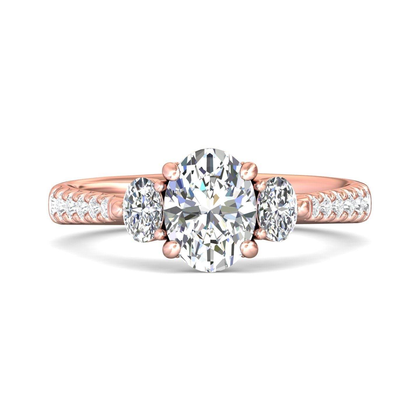 Oval Cut Trilogy 3 Stone 4 Claw Diamond Engagement Ring In a Pave Setting Side Stones - 18K Rose - DG & Co. Jewellery