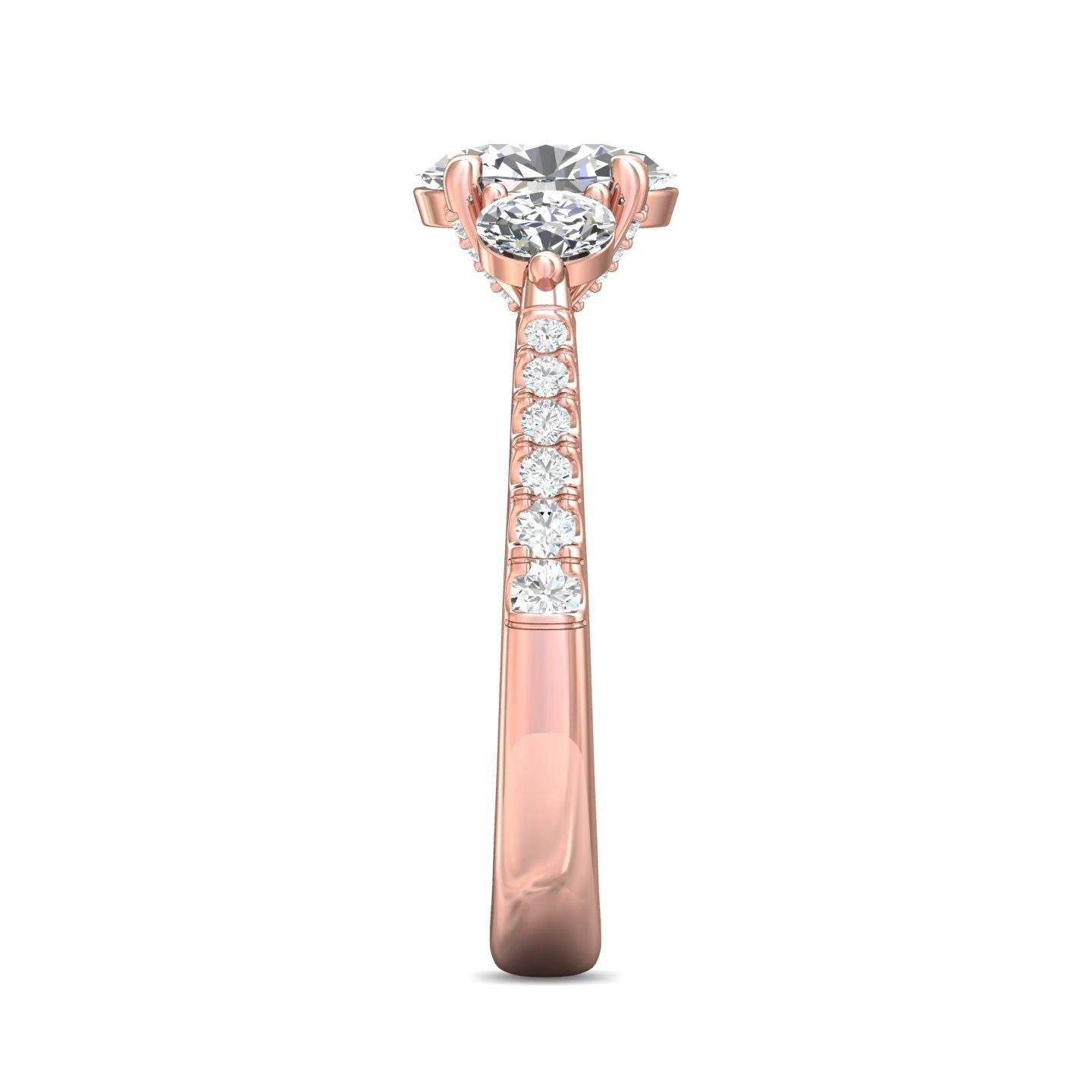 Oval Cut Trilogy 3 Stone 4 Claw Diamond Engagement Ring In a Pave Setting Side Stones - 18K Rose - DG & Co. Jewellery