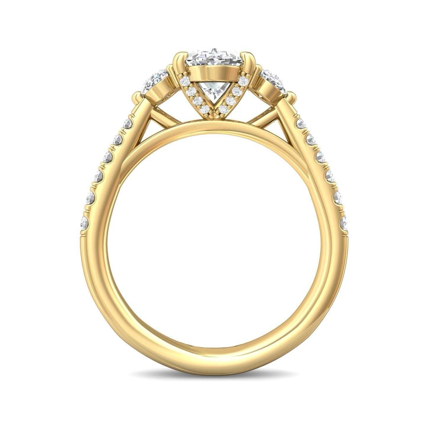 Oval Cut Trilogy 3 Stone 4 Claw Diamond Engagement Ring In a Pave Setting Side Stones - 18K Yellow - DG & Co. Jewellery