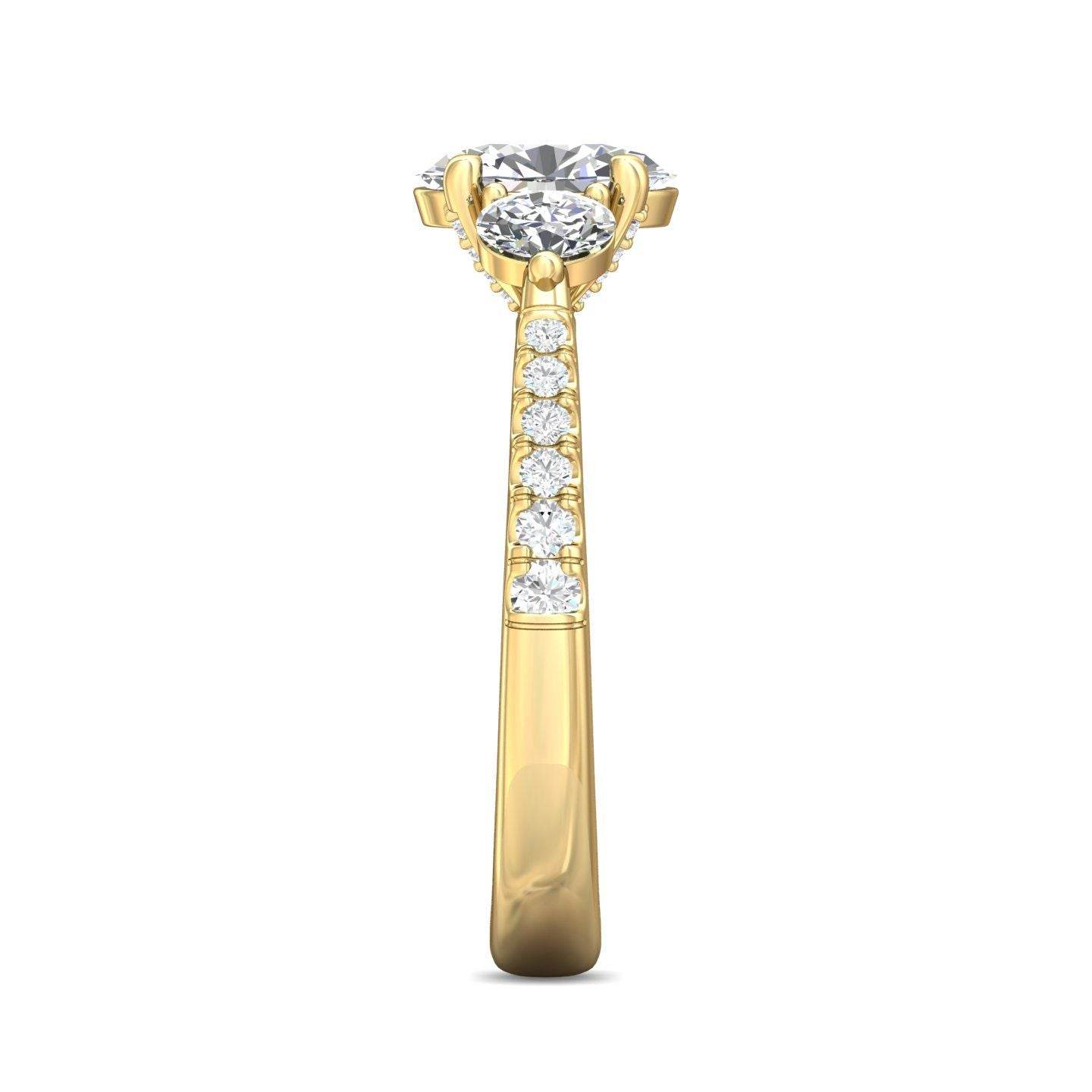 Oval Cut Trilogy 3 Stone 4 Claw Diamond Engagement Ring In a Pave Setting Side Stones - 18K Yellow - DG & Co. Jewellery