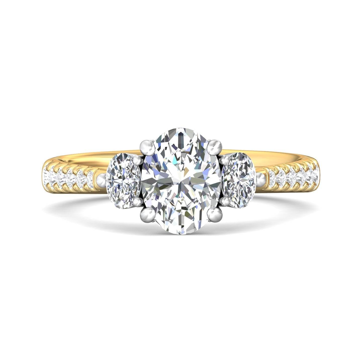 Oval Cut Trilogy 3 Stone 4 Claw Diamond Engagement Ring In a Pave Setting Side Stones - 18K Yellow - DG & Co. Jewellery