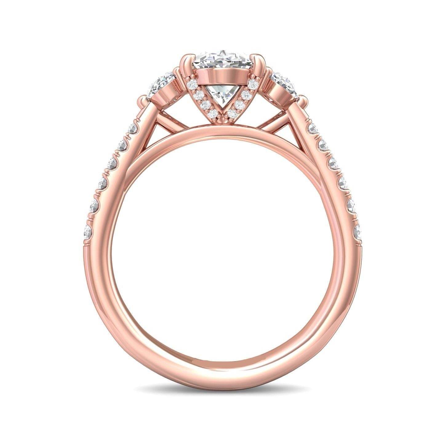 Oval Cut Trilogy 3 Stone 4 Claw Diamond Engagement Ring In a Pave Setting Side Stones - 18K Rose - DG & Co. Jewellery