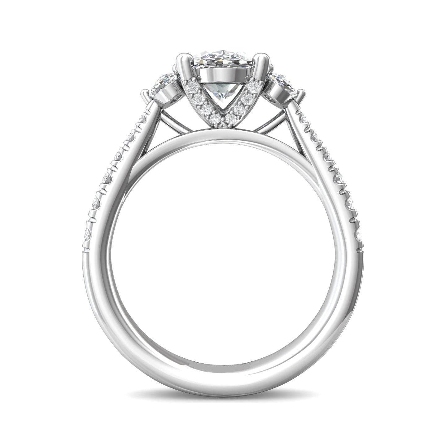 Oval Cut Trilogy 3 Stone 4 Claw Diamond Engagement Ring In a Pave Setting Side Stones - 18K White - DG & Co. Jewellery