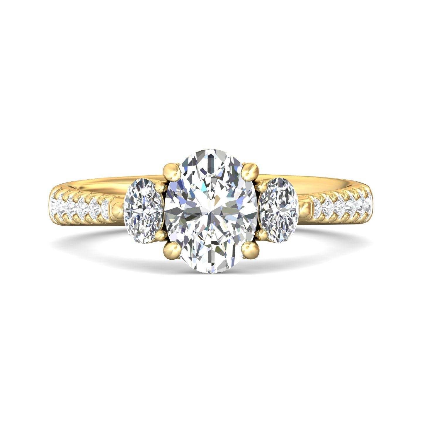 Oval Cut Trilogy 3 Stone 4 Claw Diamond Engagement Ring In a Pave Setting Side Stones - 18K Yellow - DG & Co. Jewellery