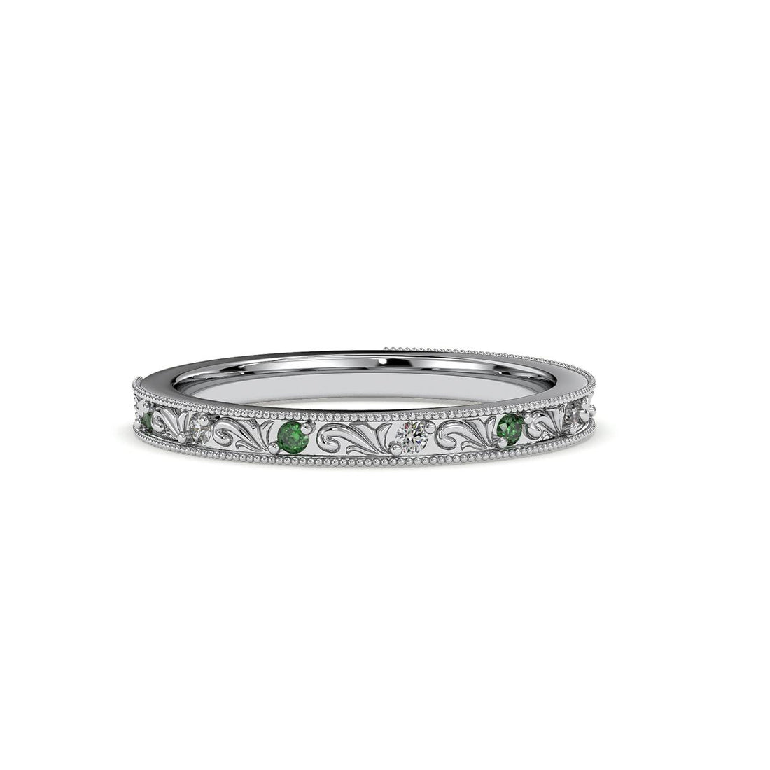 Villa Antique Style Green Sapphire Diamond Wedding Ring - 18K White
