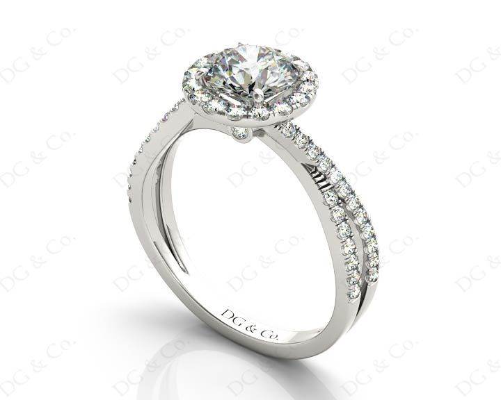 Round Cut Split Shank Diamond Halo Engagement Ring with Pave Set Side Stones Down the Band in 18K White - DG & Co. Jewellery