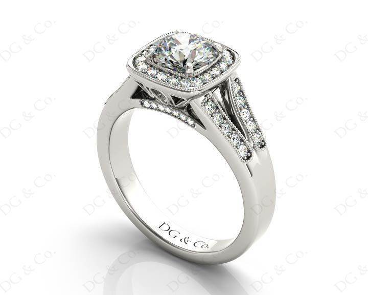 Vintage Style Round Cut Split Shank Milgrain Halo Set Engagement Ring with Channel Set Side Stones in Platinum - DG & Co. Jewellery