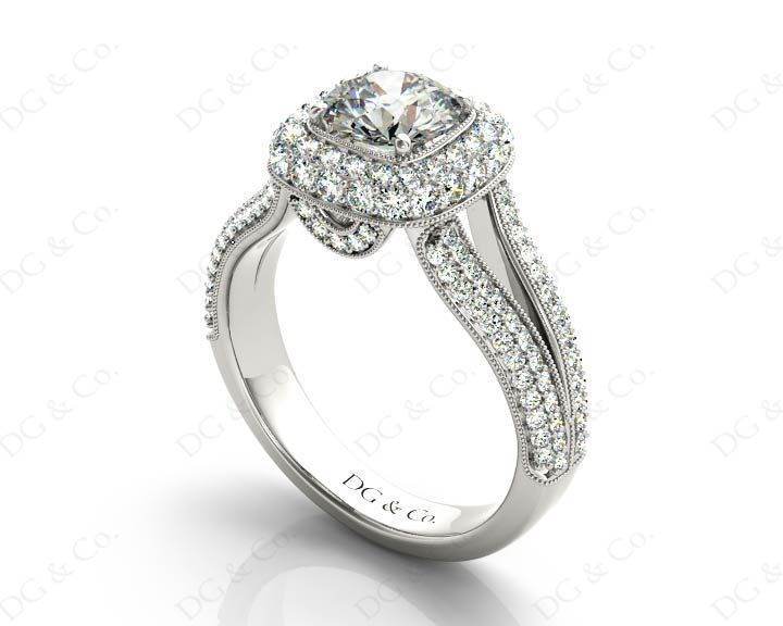 Round Cut Split Shank Milgrain Halo Engagement Ring with Micro Pave Set Diamonds on the Halo and Sidestones in Platinum - DG & Co. Jewellery