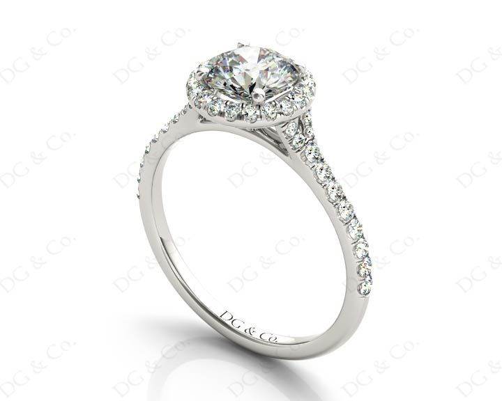 Round Cut Diamond Ring With Round Cut Diamonds Scallop Set on the Halo and Down the Shoulders - 18K White - DG & Co. Jewellery