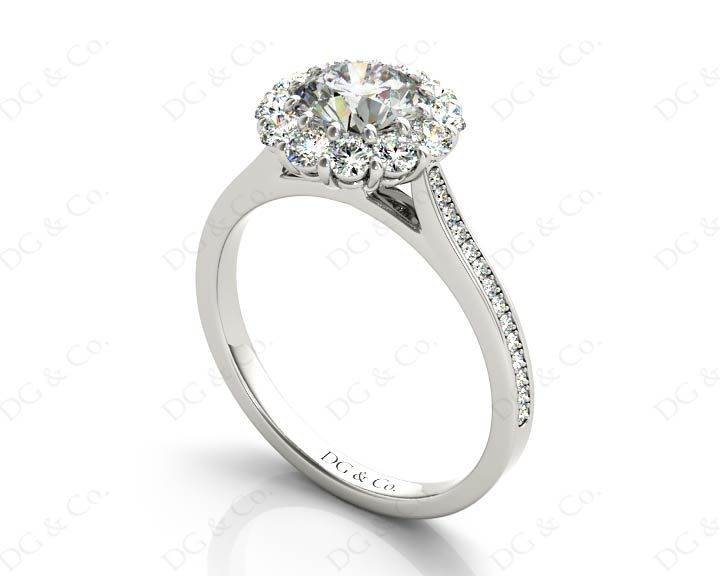 Round Cut Flower Halo Diamond Ring with a Claw Set Halo and Pave Set Side Stones - 18k White - DG & Co. Jewellery