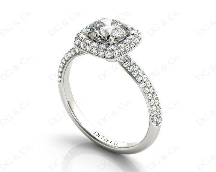 Round Cut Diamond Ring with Micro Pave Set Diamonds on Halo and Down the Shoulders - 18K White - DG & Co. Jewellery