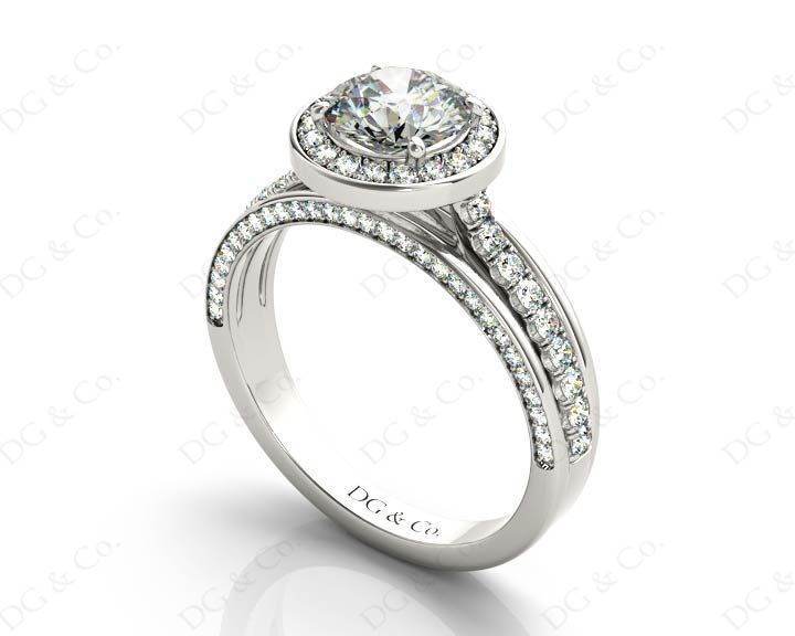 Triple Band Round Cut Diamond Halo Engagement Ring with Pave Set Side Stones and Halo in Platinum - DG & Co. Jewellery