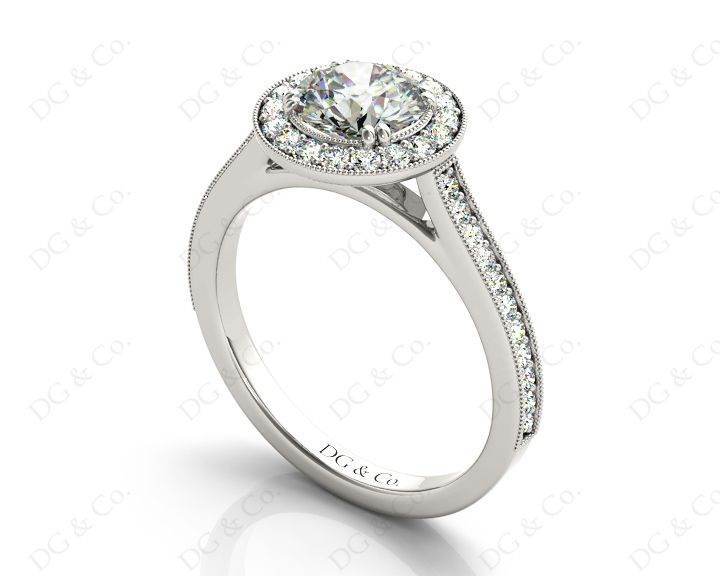 Halo Diamond Engagement Ring Round Cut with Claw Set Centre Stone Miligrain Share Prong Side Stones - Platinum - DG & Co. Jewellery