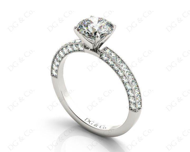 Round Cut Four Claws Side Stone Engagement Ring with Milgrain Set Side Stones in Platinum - DG & Co. Jewellery