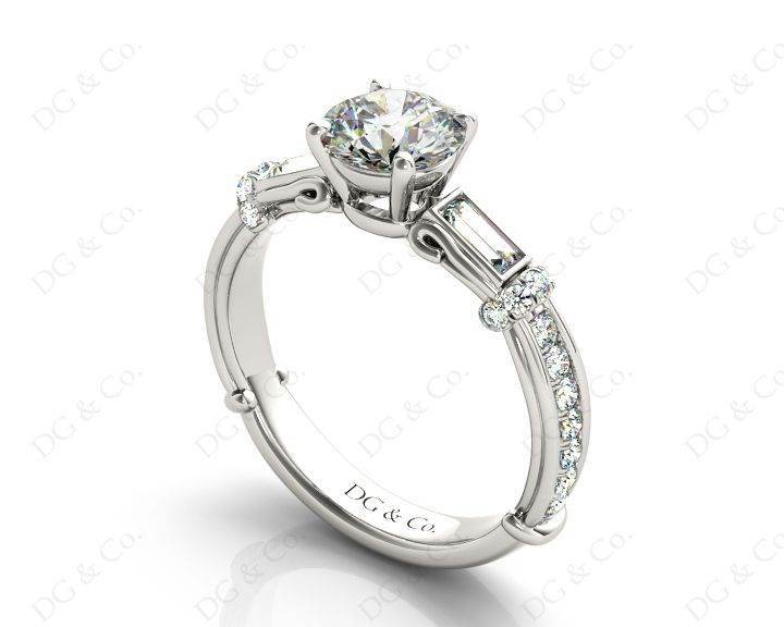 Round Cut Vintage Style Three Stone Engagement Ring with Tapered Baguette Bezel Set and Pave Set Side Stones - Platinum - DG & Co. Jewellery