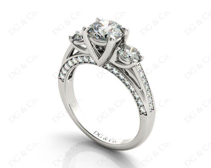Three Stone Diamond Engagement Ring Round Cut with a Channel Share Prong Shoulder Setting - Platinum - DG & Co. Jewellery