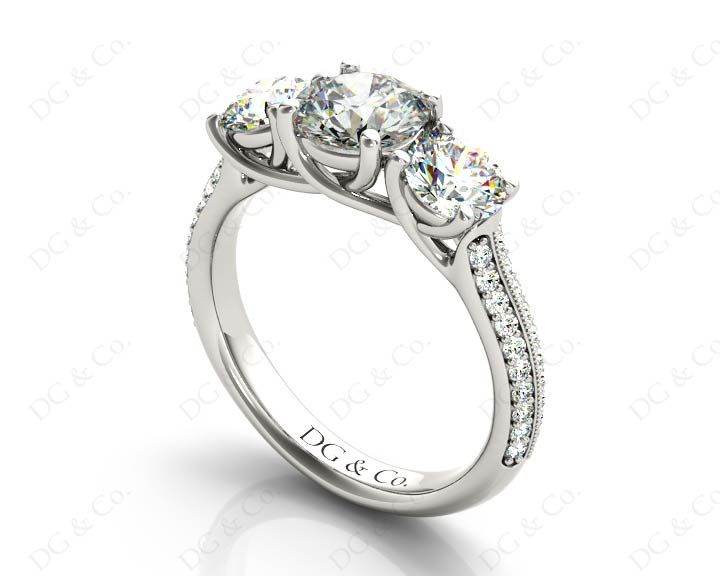 Round Cut Trilogy Diamond Engagement ring with claw set center stone - 18K White - DG & Co. Jewellery