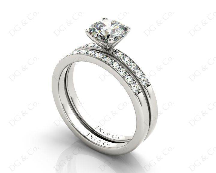 Diamond Wedding Set Rings Round Cut Diamond with Channel Share Prong Setting Side Stones in 18K White Gold - DG & Co. Jewellery