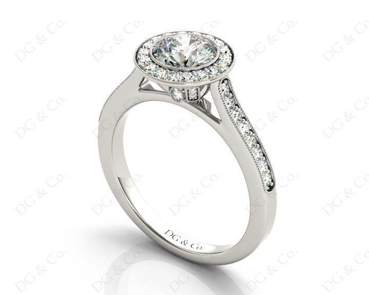 Round Cut Halo Diamond Engagement Ring with Bezel Milgrain Set Centre stone - Platinum - DG & Co. Jewellery