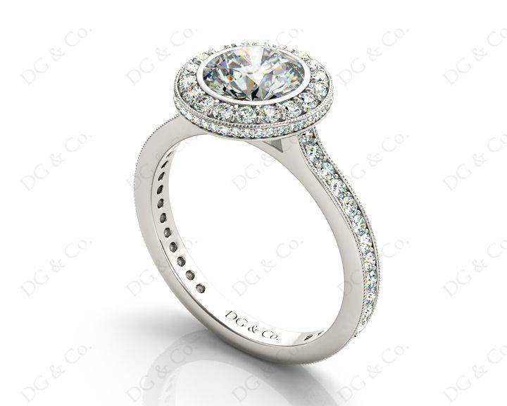 Vintage Style Round Cut Halo Diamond Ring with Bezel Set Centre Stone - Platinum - DG & Co. Jewellery