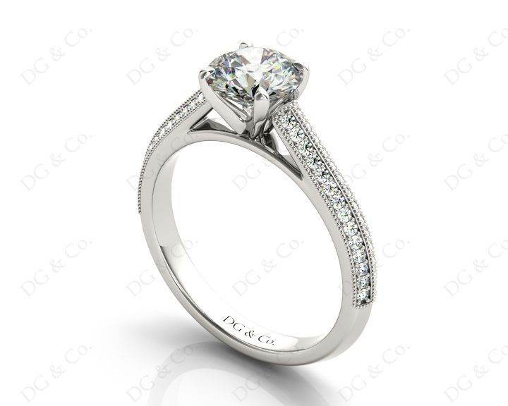 Round Cut Four Claws Diamond Ring in a Milgrain Pave Setting Side Stones in Platinum - DG & Co. Jewellery
