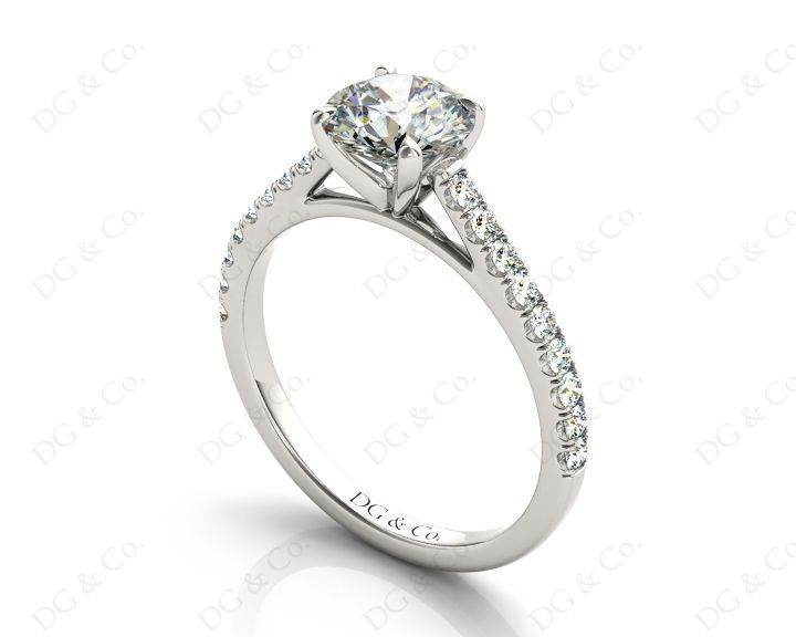 Round Cut Four Claws Diamond Ring with Pave Set Side Stones - 18K White - DG & Co. Jewellery