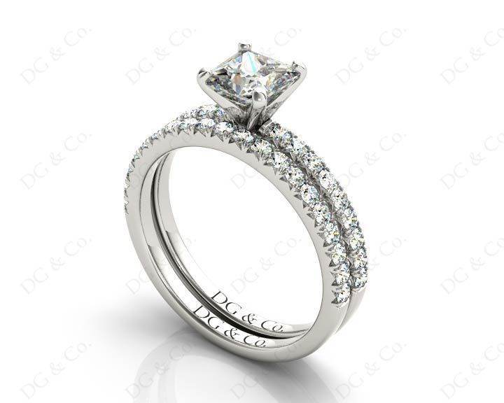 Princess cut diamond wedding set rings with four claws setting Pave Setting Side Stones - Platinum - DG & Co. Jewellery