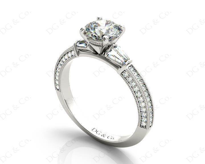 Vintage Style Round Cut Four Claw Diamond Ring with Pave Milgrain Set Side Stones In Platinum - DG & Co. Jewellery