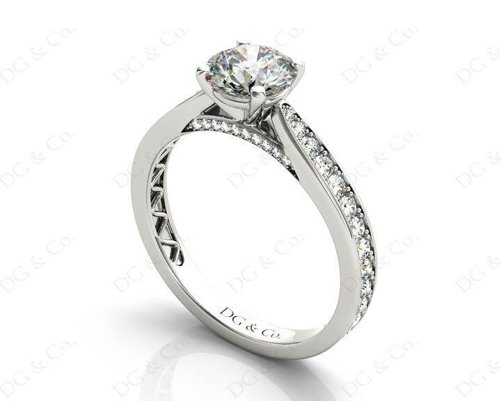 Round Cut Four Claw Set Diamond Ring with Pave Set Stones Down the Shoulders and on Both Sides - Platinum - DG & Co. Jewellery