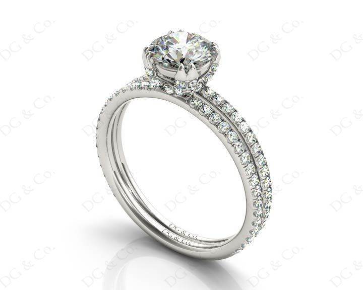 Round Cut Four Double Claw Set Diamond Ring with Pave Set Diamonds Down The Shoulders in Platinum - DG & Co. Jewellery