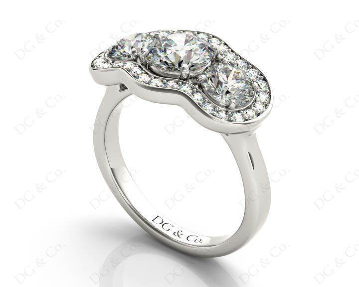 Round Cut Halo Trilogy Diamond Engagement Ring with Pave Set Side Stone In 18K White - DG & Co. Jewellery