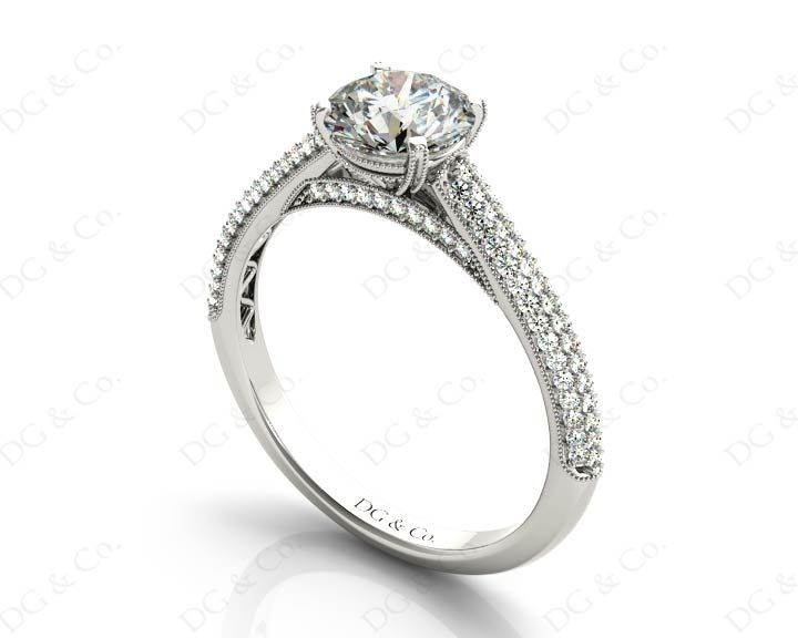 Vintage Style Round Cut Four Claw Set Diamond Ring with Micro Pave Set Stones Down the Shoulders - 18K White - DG & Co. Jewellery