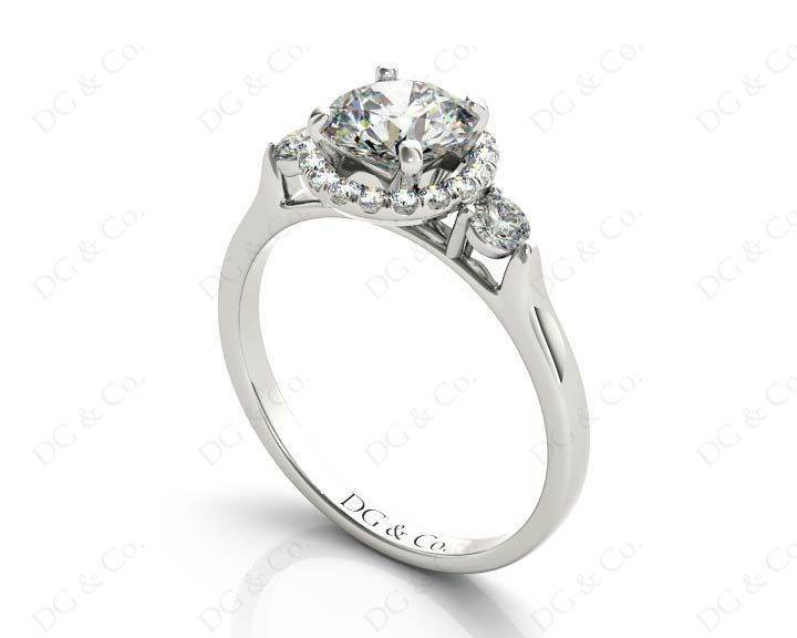Round Cut Halo Trilogy diamond ring with pave set side stone in Platinum - DG & Co. Jewellery