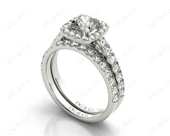 Cushion cut halo diamond wedding set rings with four claw setting - Platinum - DG & Co. Jewellery