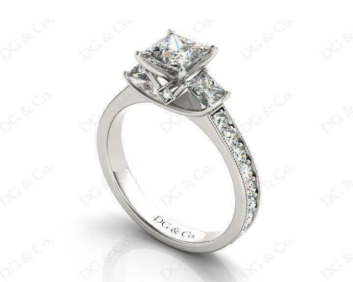 Princess Cut Trilogy Ring with Milgrain set shoulder diamond - Platinum - DG & Co. Jewellery