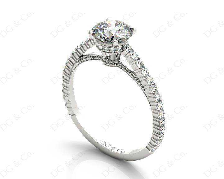 Vintage Style Round Cut Four Claw Set Diamond Ring with Side Halo and Round Cut Diamonds Claw Set on the Band - Platinum - DG & Co. Jewellery