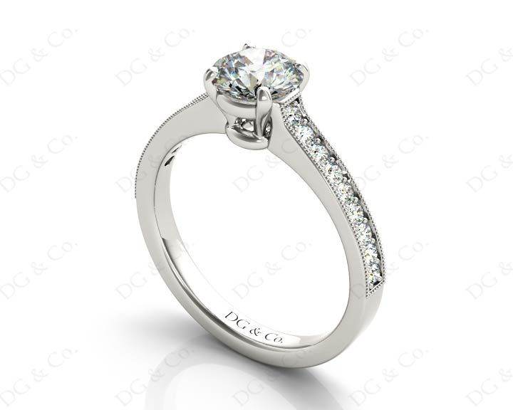 Round Cut Four Claw Set Milgrain Diamond Engagement Ring With Pave Side Stones - 18k White - DG & Co. Jewellery