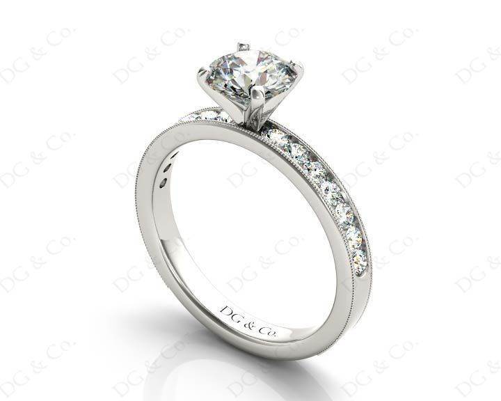 Round Cut Four Claw Set Diamond Ring with Channel Set Side Stones Down the Shoulders - Platinum - DG & Co. Jewellery