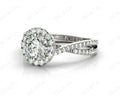 Round Cut Split Shank Diamond Halo Engagement Ring with Pave Set Side Stones Down the Band in 18K White - DG & Co. Jewellery