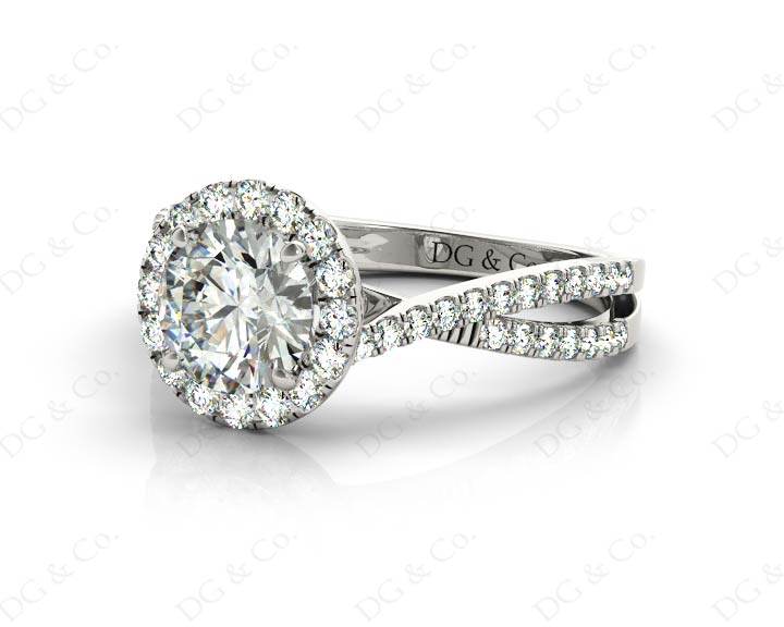 Round Cut Split Shank Diamond Halo Engagement Ring with Pave Set Side Stones Down the Band in 18K White - DG & Co. Jewellery