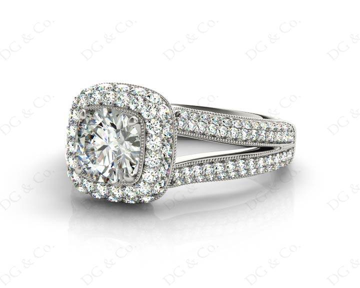 Round Cut Split Shank Milgrain Halo Engagement Ring with Micro Pave Set Diamonds on the Halo and Sidestones in 18K White - DG & Co. Jewellery