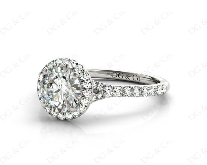Round Cut Diamond Ring With Round Cut Diamonds Scallop Set on the Halo and Down the Shoulders - Platinum - DG & Co. Jewellery