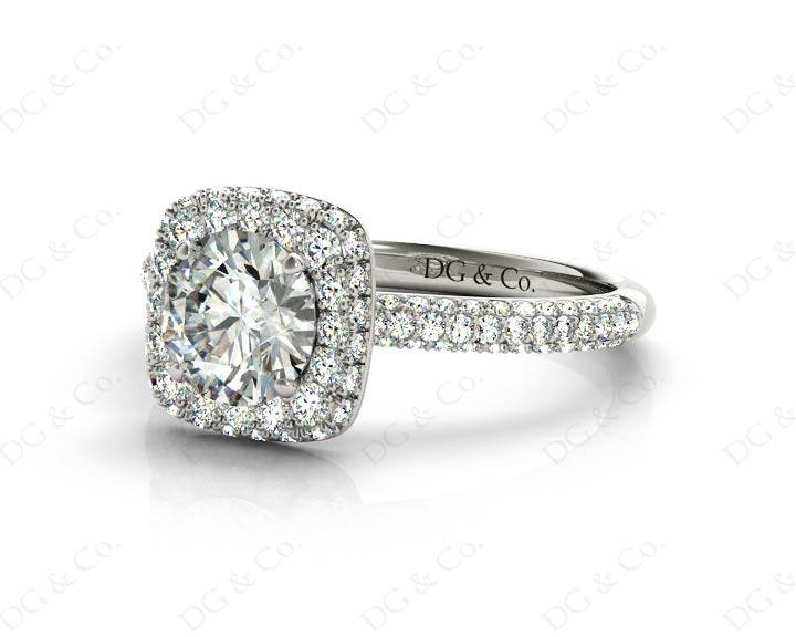Round Cut Diamond Ring with Micro Pave Set Diamonds on Halo and Down the Shoulders - 18K White - DG & Co. Jewellery