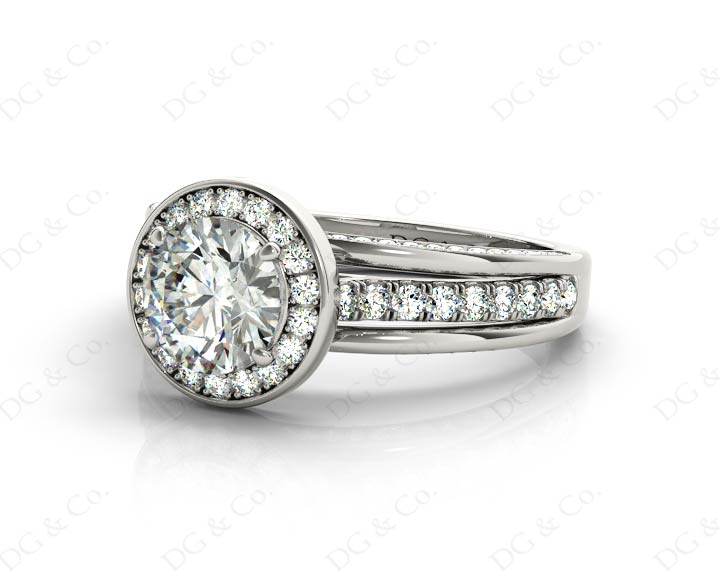 Triple Band Round Cut Diamond Halo Engagement Ring with Pave Set Side Stones and Halo in Platinum - DG & Co. Jewellery