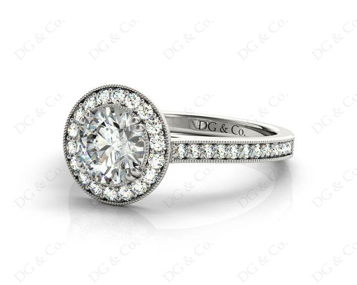 Halo Diamond Engagement Ring Round Cut with Claw Set Centre Stone Miligrain Share Prong Side Stones - Platinum - DG & Co. Jewellery