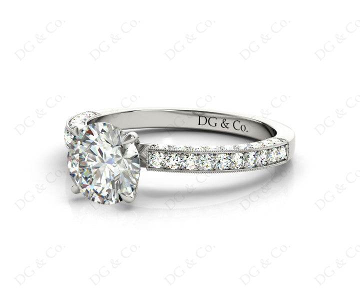 Round Cut Four Claws Side Stone Engagement Ring with Milgrain Set Side Stones in 18K White - DG & Co. Jewellery