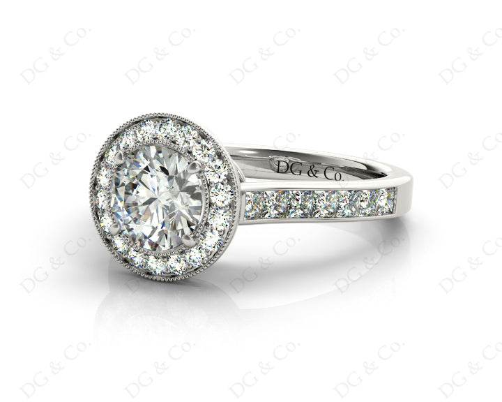 Halo Diamond Engagement Ring Setting Round Cut with Claw Set Centre Stone Channel Setting Side Stone - 18K White - DG & Co. Jewellery
